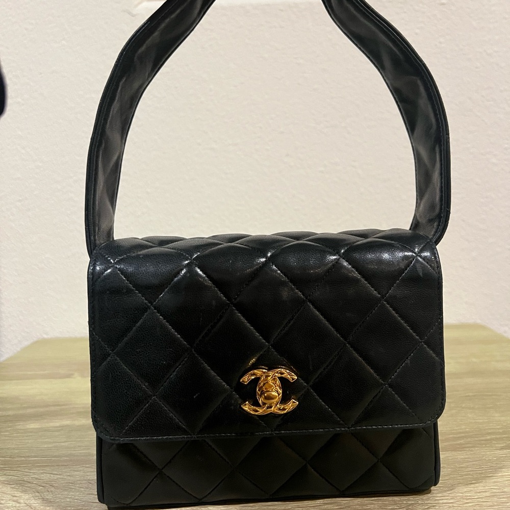 Vintage Chanel Black Lambskin Vanity Bag with gold hardware